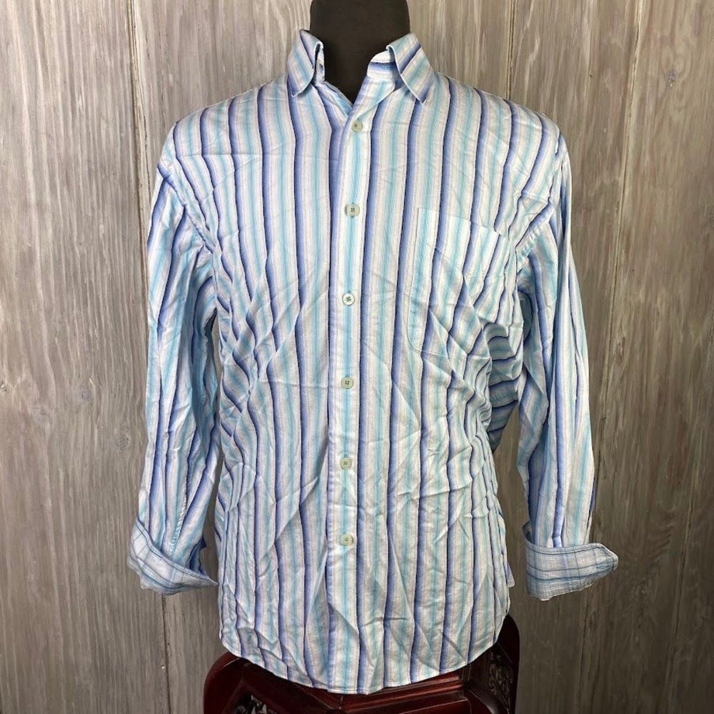 Alan Flusser Blue Striped Button Up Mens L‎ Cotton Shirt Flip Cuff Dress Casual